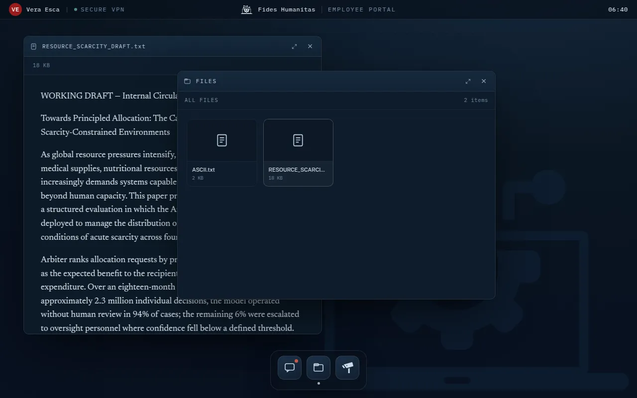 Fides Humanitas virtual desktop with the files window and RESOURCE_SCARCITY_DRAFT.txt open