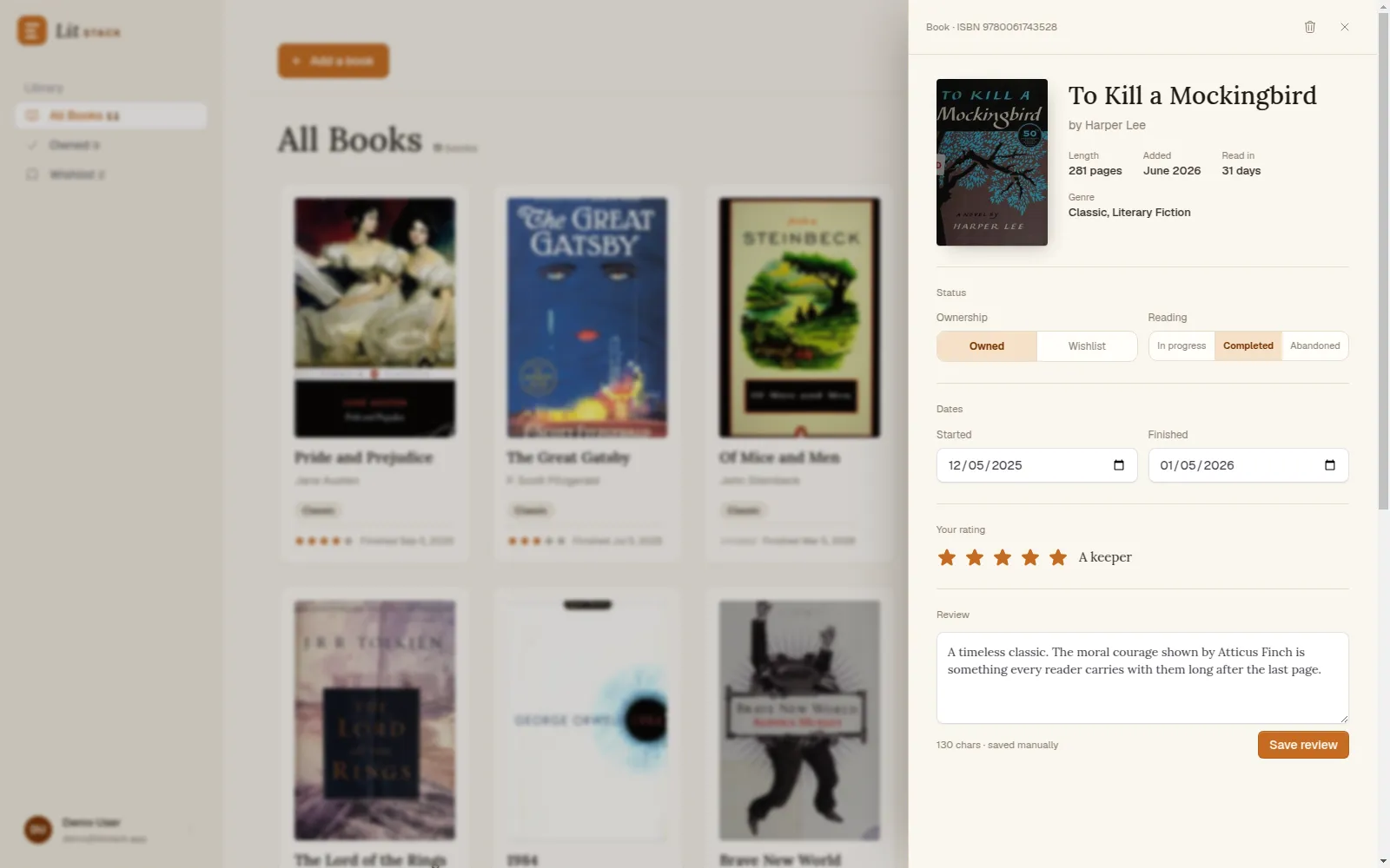 Litstack shelf with the To Kill a Mockingbird detail panel open, showing a 5-star review